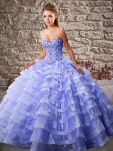 Flare Lavender Sweet 16 Dress Military Ball and Sweet 16 and Quinceanera with Beading and Ruffled Layers Sweetheart Slee