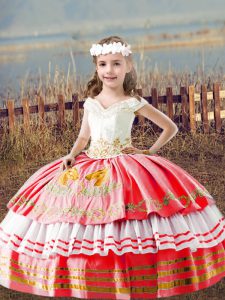 Elegant Watermelon Red Little Girl Pageant Dress Wedding Party with Embroidery Off The Shoulder Sleeveless Lace Up