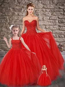 Affordable Sleeveless Tulle Brush Train Lace Up Quinceanera Dresses in Red with Embroidery