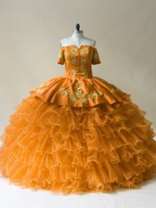 Sleeveless Floor Length Embroidery and Ruffled Layers Lace Up Quinceanera Dresses with Gold