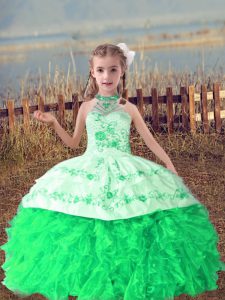 Excellent Halter Top Sleeveless Organza Little Girls Pageant Dress Wholesale Beading and Embroidery and Ruffles Lace Up