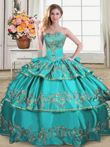 Modern Sweetheart Sleeveless Ball Gown Prom Dress Floor Length Embroidery and Ruffled Layers Aqua Blue Satin and Organza