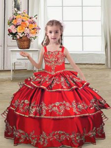 Red Lace Up Kids Pageant Dress Embroidery and Ruffled Layers Sleeveless Floor Length