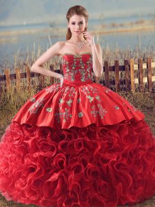 Flirting Sleeveless Embroidery and Ruffles Lace Up Quinceanera Dresses with Coral Red Brush Train