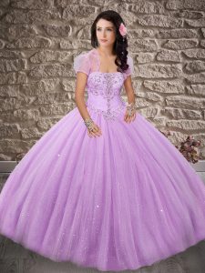 Lilac Ball Gowns Strapless Sleeveless Tulle Brush Train Lace Up Beading 15th Birthday Dress