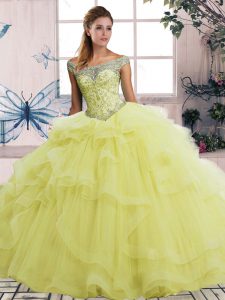 Yellow Quinceanera Gown Military Ball and Sweet 16 and Quinceanera with Beading and Ruffles Off The Shoulder Sleeveless 