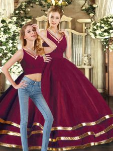 Charming Burgundy Tulle Backless Sweet 16 Quinceanera Dress Sleeveless Floor Length Ruffled Layers