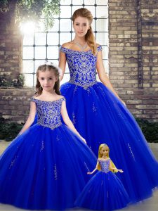 Royal Blue Ball Gowns Tulle Off The Shoulder Sleeveless Beading Floor Length Lace Up Quinceanera Dresses