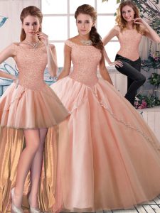 Nice Peach Sleeveless Tulle Brush Train Lace Up Quinceanera Gown for Military Ball and Sweet 16 and Quinceanera