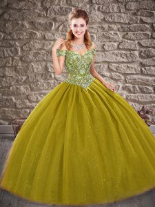 Great Olive Green Off The Shoulder Lace Up Beading Quinceanera Gowns Sleeveless
