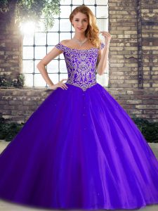 Off The Shoulder Sleeveless Quinceanera Gowns Brush Train Beading Purple Tulle