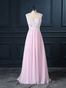 Gorgeous Cap Sleeves Chiffon Floor Length Backless Prom Dresses in Baby Pink with Beading and Lace