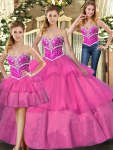 Glittering Lilac Tulle Lace Up Sweetheart Sleeveless Floor Length Sweet 16 Quinceanera Dress Beading and Ruffled Layers