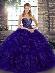 Glorious Purple Sweetheart Lace Up Beading and Ruffles Sweet 16 Dresses Sleeveless