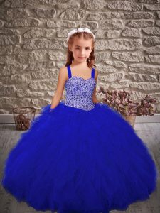 Simple Sleeveless Tulle Floor Length Lace Up Little Girl Pageant Dress in Blue with Beading and Ruffles
