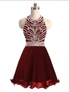 Mini Length A-line Sleeveless Burgundy Prom Gown Lace Up