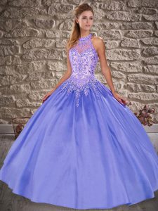 Fashion Sleeveless Satin Brush Train Lace Up Sweet 16 Dresses in Blue with Embroidery