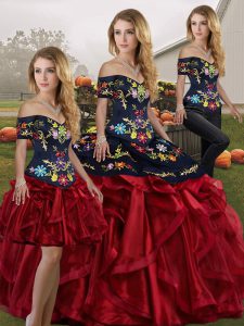 Floor Length Lace Up Quinceanera Gowns Red And Black for Military Ball and Sweet 16 and Quinceanera with Embroidery and 