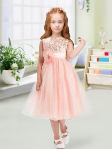 Baby Pink Empire Sequins and Hand Made Flower Flower Girl Dress Zipper Organza Sleeveless Tea Length