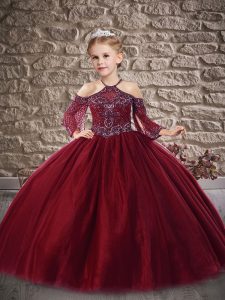 Discount Burgundy Halter Top Neckline Beading and Lace Little Girl Pageant Gowns 3 4 Length Sleeve Zipper