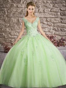 Floor Length Lace Up Quince Ball Gowns for Military Ball and Sweet 16 and Quinceanera with Appliques