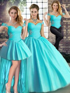Designer Aqua Blue Lace Up Quinceanera Gown Beading Sleeveless Floor Length