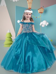 Off The Shoulder Sleeveless Pageant Dress Floor Length Beading Teal Organza
