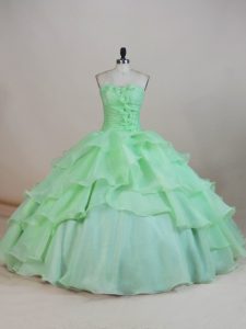 Sweetheart Sleeveless Quinceanera Gowns Floor Length Ruffled Layers and Ruching and Hand Made Flower Apple Green Organza