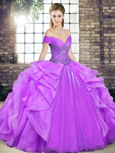Beauteous Floor Length Lace Up Quinceanera Dress Lavender for Military Ball and Sweet 16 and Quinceanera with Beading an