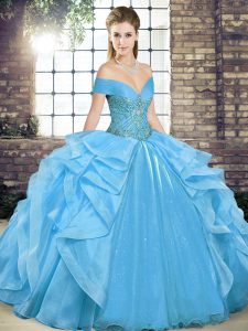 High End Baby Blue Organza Lace Up Quince Ball Gowns Sleeveless Floor Length Beading and Ruffles