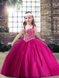 Beautiful Floor Length Fuchsia Pageant Gowns For Girls Tulle Sleeveless Beading