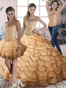 Lace Up Sweet 16 Dresses Gold for Sweet 16 and Quinceanera with Beading and Ruffles Brush Train