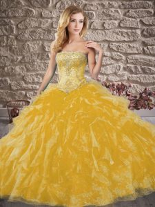 Best Selling Beading and Ruffles Ball Gown Prom Dress Gold Lace Up Sleeveless Brush Train