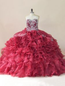 Hot Selling Sweetheart Sleeveless Brush Train Lace Up Quinceanera Gowns Wine Red Organza