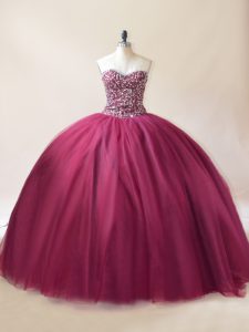 Ball Gowns Sweet 16 Dress Burgundy Sweetheart Tulle Sleeveless Floor Length Lace Up