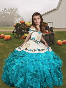 Best Aqua Blue Ball Gowns Straps Sleeveless Organza Floor Length Lace Up Embroidery and Ruffles Kids Formal Wear
