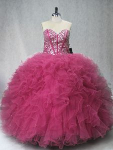Tulle Sweetheart Sleeveless Lace Up Beading and Ruffles Quinceanera Gown in Coral Red