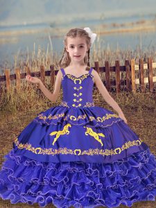 Blue Straps Neckline Beading and Embroidery and Ruffled Layers Child Pageant Dress Sleeveless Lace Up
