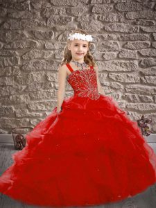 Red Little Girls Pageant Gowns Tulle Brush Train Sleeveless Beading and Pick Ups