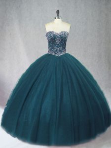 Simple Peacock Green Sleeveless Floor Length Beading Lace Up Ball Gown Prom Dress