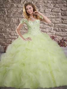 New Style Sleeveless Lace and Pick Ups Lace Up Sweet 16 Quinceanera Dress with Yellow Green Sweep Train