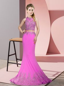 Discount Lilac Satin Zipper High-neck Sleeveless Sweep Train Beading and Appliques