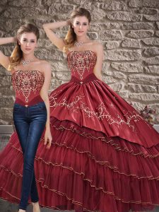 Fine Embroidery and Ruffled Layers Quinceanera Gown Wine Red Lace Up Sleeveless Floor Length