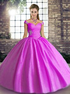 Fashion Lilac Tulle Lace Up Off The Shoulder Sleeveless Floor Length 15th Birthday Dress Beading