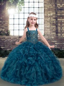 Elegant Sleeveless Floor Length Beading and Ruffles Lace Up Pageant Gowns For Girls with Teal