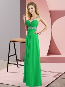 Elegant Sleeveless Floor Length Beading Criss Cross Evening Dress with Green
