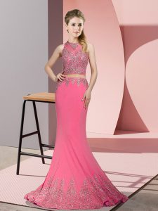 Cheap Rose Pink Sleeveless Beading and Appliques Zipper Prom Party Dress