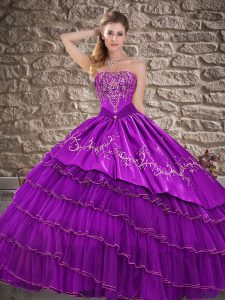 Elegant Purple Sleeveless Floor Length Embroidery and Ruffled Layers Lace Up Vestidos de Quinceanera