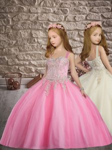 Trendy Straps Sleeveless Little Girls Pageant Dress Floor Length Beading and Appliques Rose Pink Tulle