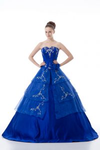 Fancy Organza V-neck Sleeveless Lace Up Embroidery and Ruffled Layers Quinceanera Gown in Royal Blue